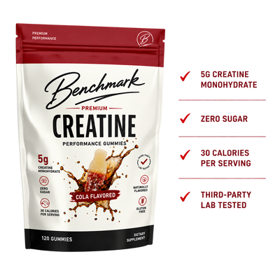 Benchmark Premium Creatine Performance Gummies in a red, white, and black stand-up pouch, shown on a white background with red text callouts listing product benefits.