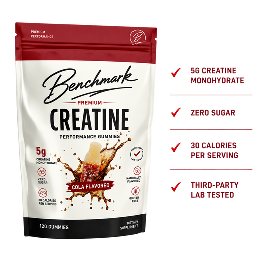 Benchmark Premium Creatine Performance Gummies in a red, white, and black stand-up pouch, shown on a white background with red text callouts listing product benefits.