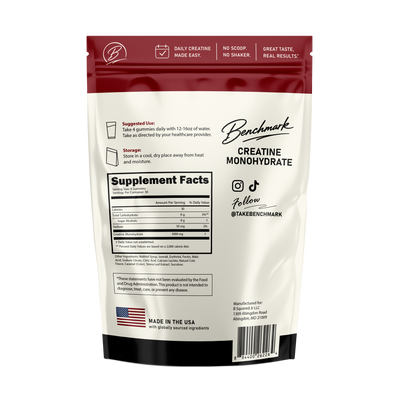 The back of a Benchmark Creatine Monohydrate stand-up pouch, showing the supplement facts panel, storage instructions, and social media handles on a white background.