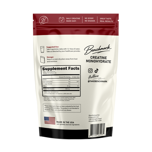 The back of a Benchmark Creatine Monohydrate stand-up pouch, showing the supplement facts panel, storage instructions, and social media handles on a white background.