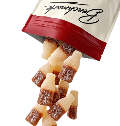 Soda-shaped gummy candies dripping from a cream and red pouch labeled Benchmark, shown on a clean white background.